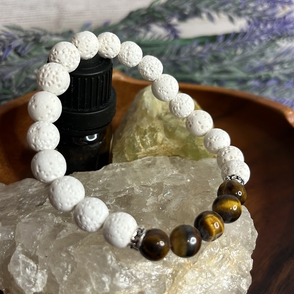 NEW Tigers Eye Essential Oil Diffuser Bracelet White Natural Lava stone - Picture 3 of 8